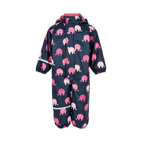 Regenanzug gefüttert mit Fleece | Dunkelblau mit rosa Elefanten | CeLaVi