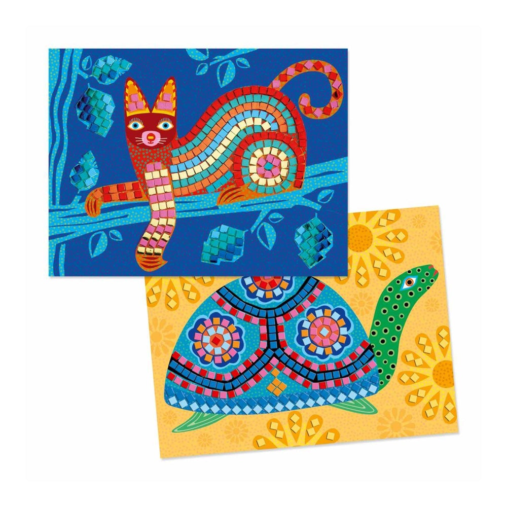 Zwei Motive, eine mexikanische Katze und eine Schildkröte, werden mit metallisierenden Mosaik-Steinen aus Moosgummi besetzt. Dabei kann man sich entweder an den Nummern orientieren, damit das Ergebnis so aussieht wie auf der Anleitung, oder alleine kreativ werden. Die Ausdauer macht sich in jedem Fall bezahlt, denn die Ergebnisse sehen einfach toll aus!
