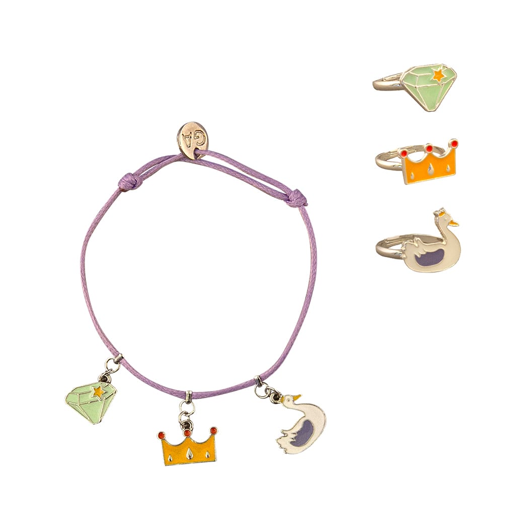 Schmuckset von Global Affairs: Armband und Ringe Schmuckset mit königlichem Thema: ein Armband und drei Ringe mit einem Diamanten, einer Krone und einem Schwan. Verpackt in einer Dose, die auch als niedliches Schmuckkästchen dient.  Material: Figuren und Ringe: Zinklegierung mit Emaille. Nickelfrei, Armband: Polyester Größe: Ring: Durchmesser 1,5 cm (verstellbar), Armband: Durchmesser 5 cm (verstellbar)  Alter: ab 3 Jahre