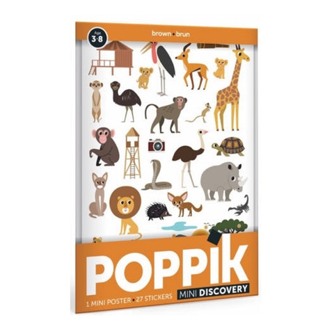 Stickerposter Mini Discovery Jungle von Poppik Auf diesem Mini-Poster in angesagtem Retro-Design entfaltet sich mit 27 Stickern zum Bekleben die Themenwelt Savanne ganz in Braun. 
