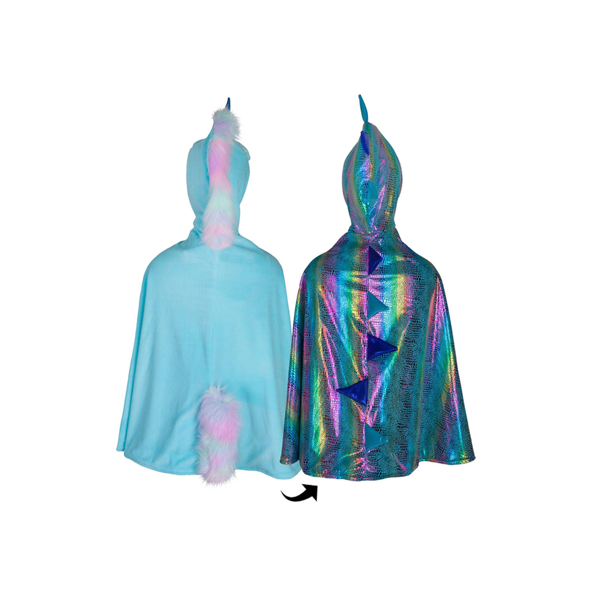 Dieser wendbare Einhorn-Drachen-Umhang ist der ultimative Fantasy-Umhang! Bold hellen Farben der wunderschönen aqua blau, lila und rosa, mit glänzenden Metallics und Regenbogen-Effekte dieser Umhang ist ein Gewinner! 